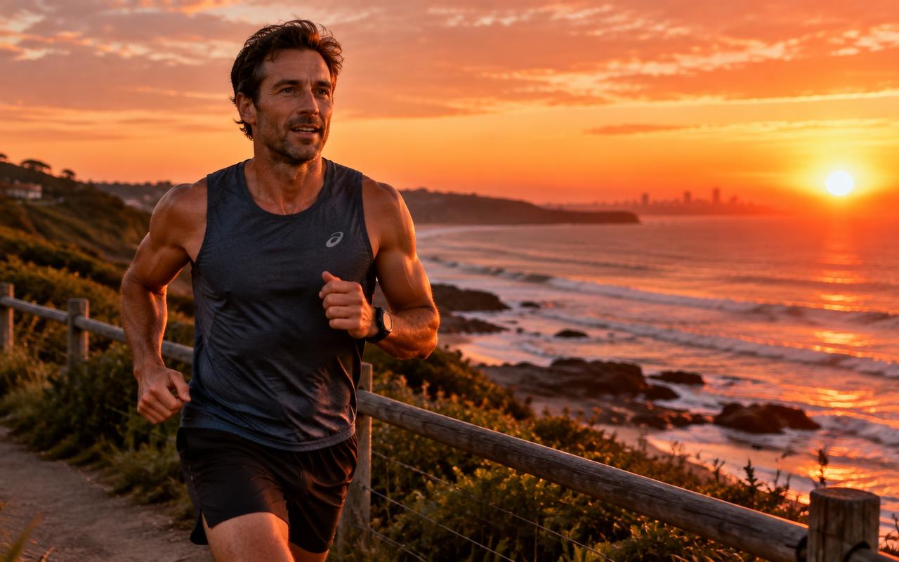 Man jogging along the coast at sunrise as part of an active lifestyle