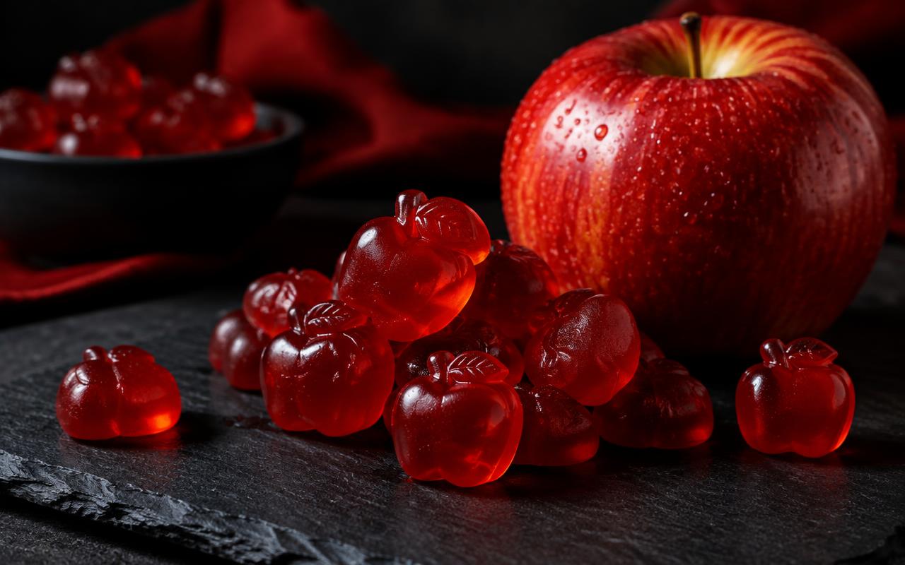 Red apple-flavoured gummies beside a fresh apple