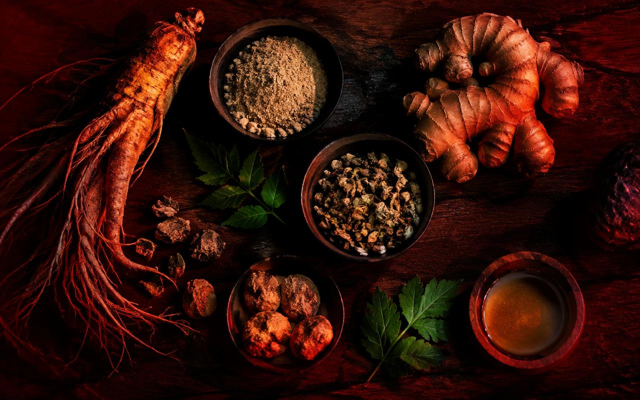 Herbal ingredients often found in male vitality supplements: ginseng, maca, ginger